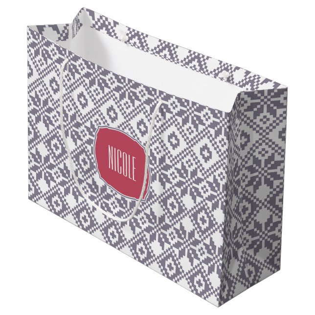 Custom Name Christmas Nordic Snowflake Pattern  Large Gift Bag (Front Angled)