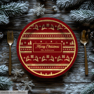 Custom Name Christmas Paper Plates Luxe Red Gold