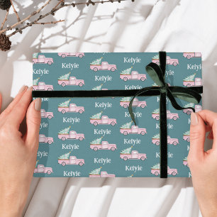 Custom Name Christmas Tree Pink Vintage Truck  Wrapping Paper