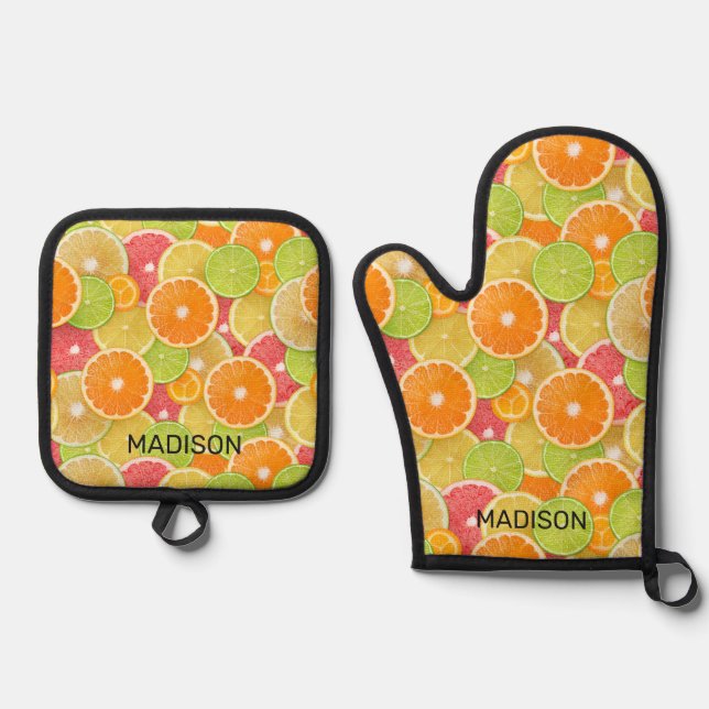 Custom Name Citrus Pattern Oven Mitt & Pot Holder Set (Front)