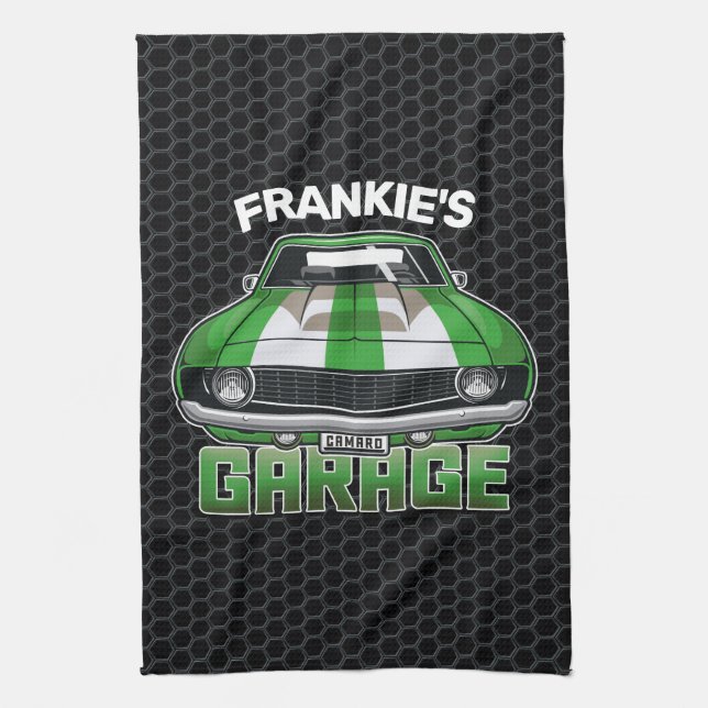 Custom NAME Classic American Muscle Car Garage Tea Towel (Vertical)