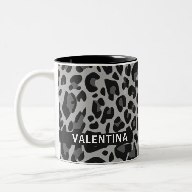 Custom Name Classic Leopard Print Design Valentina Two-Tone Coffee Mug (Left)