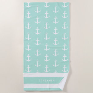 Custom Name Coastal Aqua Blue White Anchor Beach Towel