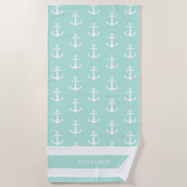 Custom Name Coastal Aqua Blue White Anchor Beach Towel (Front)
