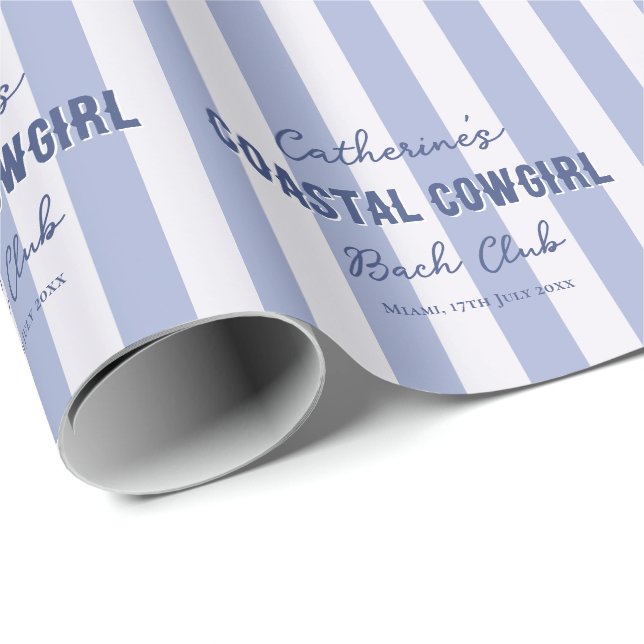 Custom Name Coastal Cowgirl  Blue White Stripes Wrapping Paper (Roll Corner)