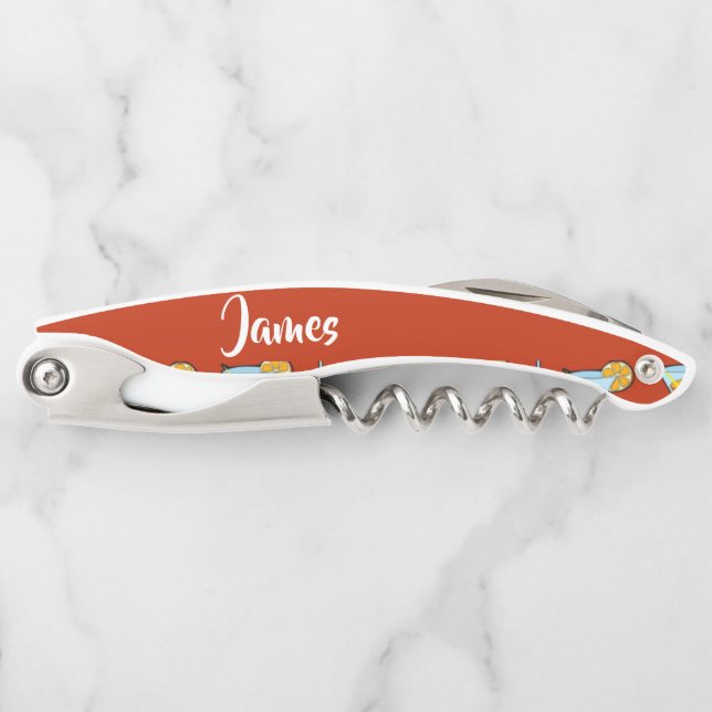 Custom name cocktail glasses on red corkscrew (Front)