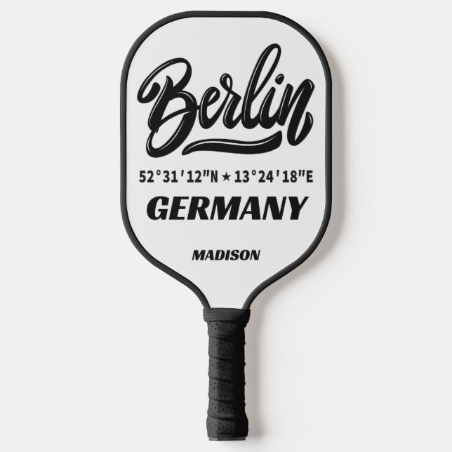 Custom Name & Color Berlin Germany Coordinates Pickleball Paddle (Front)