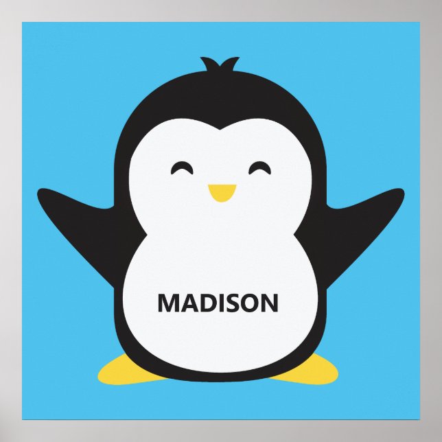 Custom name & color cute penguin poster (Front)