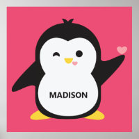 Custom name & color cute penguin poster