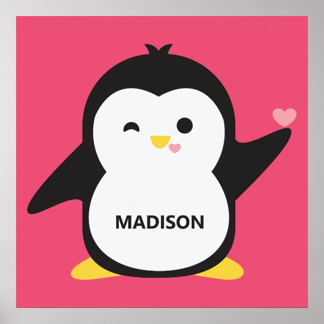 Custom name & color cute penguin poster (Front)