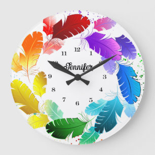 Custom Name Colorful Feathers Stylish Wall Clock