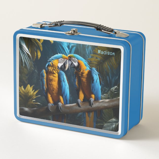 Custom Name Colorful Parrots Metal Lunch Box (Front)