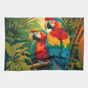 Custom Name Colorful Parrots Tea Towel