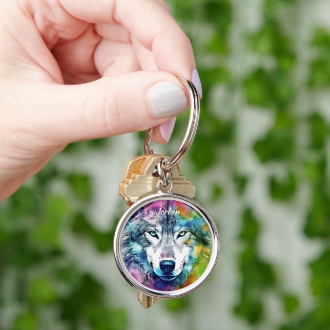 Custom Name Colorful Stylized Wolf Head Key Ring (Hand)