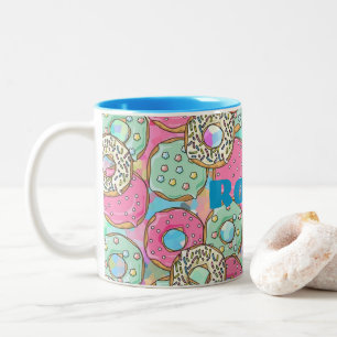 Custom Name & Colour Cute Pastel Doughnuts & Two-Tone Coffee Mug
