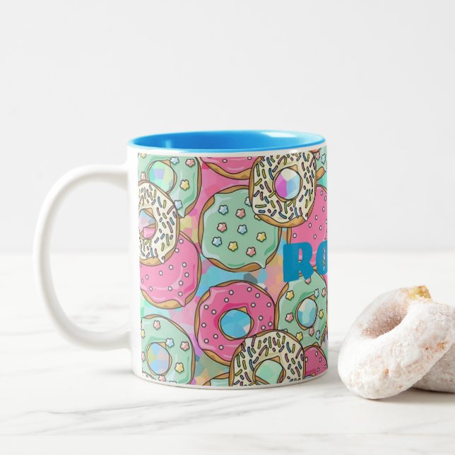 Custom Name & Colour Cute Pastel Doughnuts & Two-Tone Coffee Mug (With Donut)