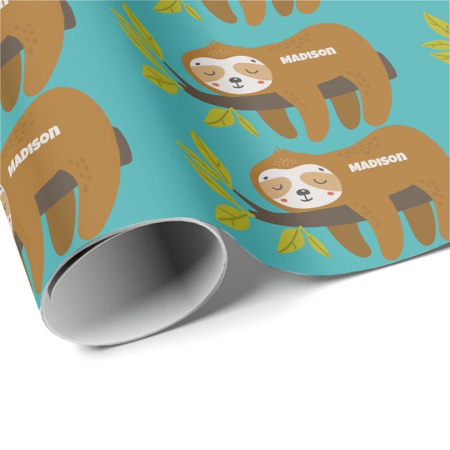 Custom Name & Colour Cute Sloth Wrapping Paper (Roll Corner)