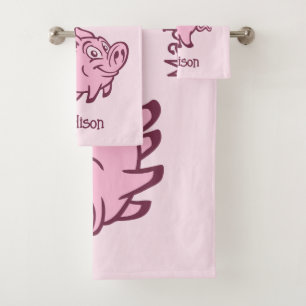 Custom Name & Colour Flying Pig Bath Towel Set