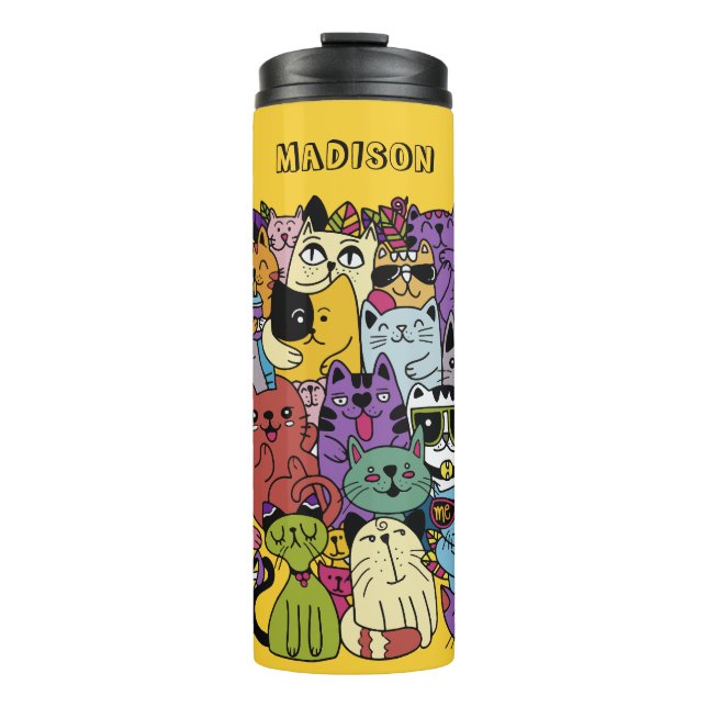 Custom Name & Colour Funny Cats Illustration Thermal Tumbler (Front)