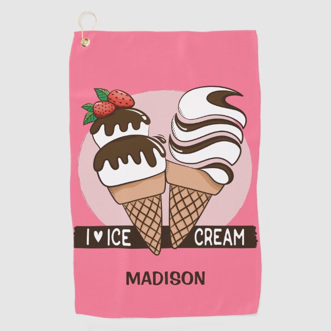 Custom name & colour Ice Cream Lover golf towel (Front)