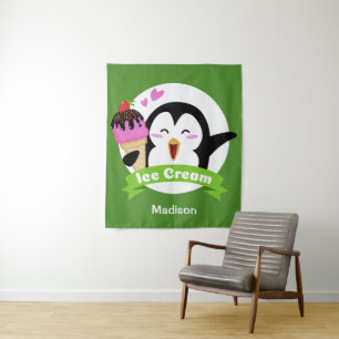 Custom name & colour Ice Cream Penguin tapestry