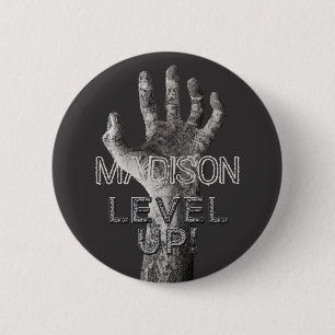 Custom name & colour "Level Up!" Zombie Hand butto 6 Cm Round Badge