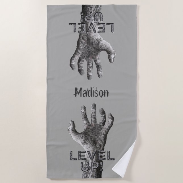 Custom name & colour "Level Up!" Zombie Hand towel (Front)
