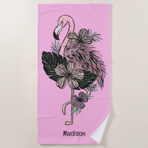 Custom Name & Colour Pink Flamingo Beach Towel