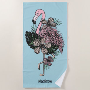 Custom Name & Colour Pink Flamingo Beach Towel