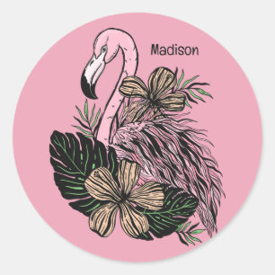 Custom Name & Colour Pink Flamingo Classic Round Sticker