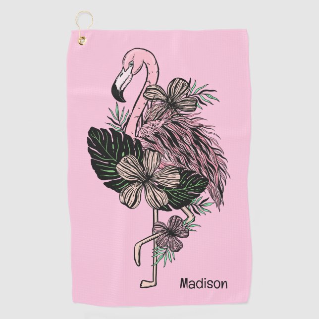 Custom Name & Colour Pink Flamingo Golf Towel (Front)