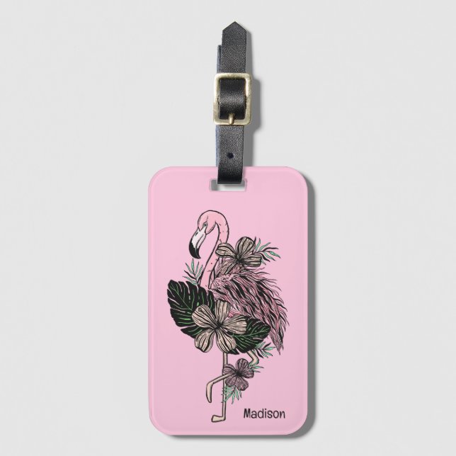 Custom Name & Colour Pink Flamingo Luggage Tag (Front Vertical)