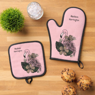 Custom Name & Colour Pink Flamingo Oven Mitt & Pot Holder Set