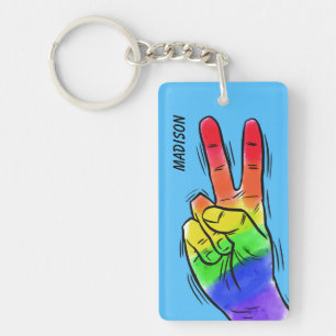 Custom name & colour Rainbow Peace key chain