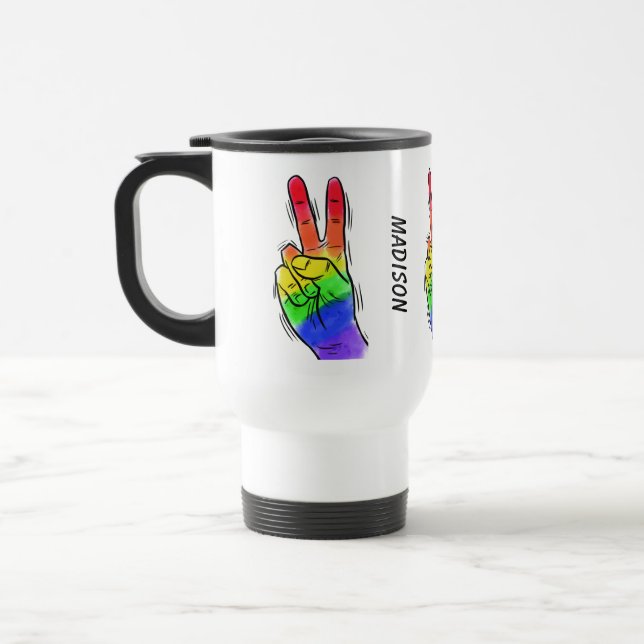 Custom name & colour Rainbow Peace mugs (Left)