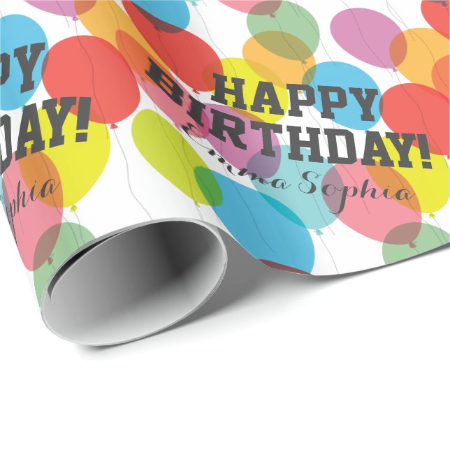 Custom Name Colourful Birthday Balloons Wrapping Paper (Roll Corner)