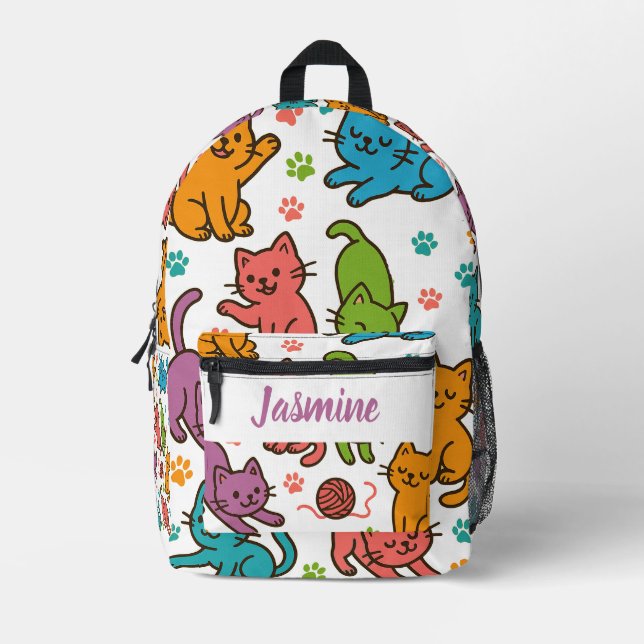 Custom Name Colourful Cartoon Cat Backpack – Kids  (Front)
