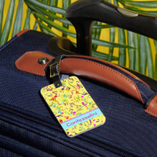 Custom Name Colourful Confetti Toss Over Yellow Luggage Tag
