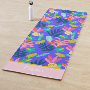 Custom name colourful floral blue modern cute  yoga mat