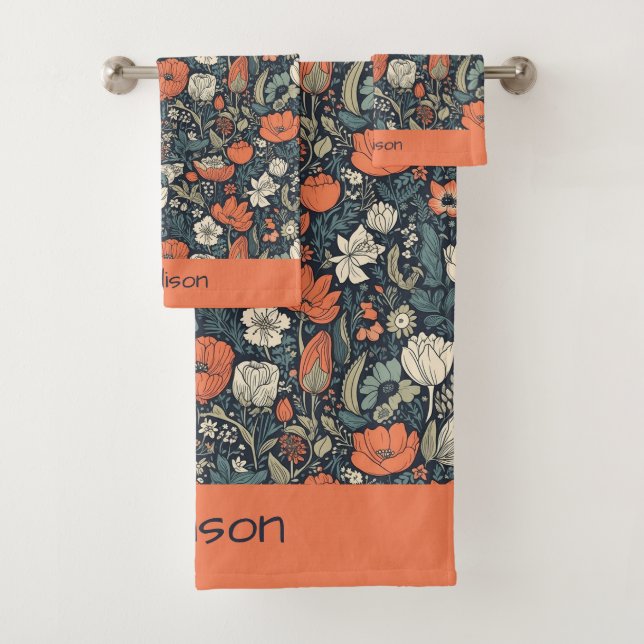 Custom Name Colourful Flower Pattern Bath Towel Set (Insitu)