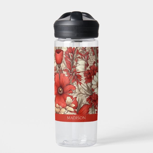 Custom Name Colourful Flower Pattern Water Bottle (Front)