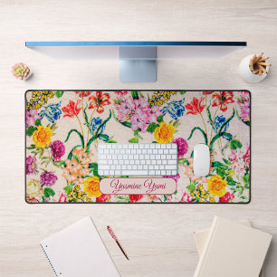 Custom Name Colourful Flowers Feminine girly Scrip Desk Mat