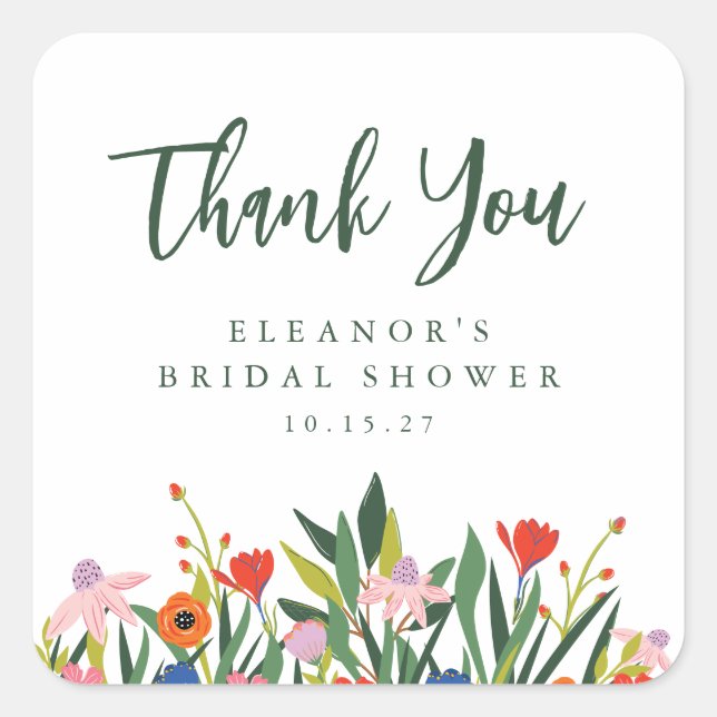 Custom Name Colourful Garden Floral Bridal Shower  Square Sticker (Front)