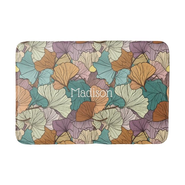 Custom Name Colourful Leaf Pattern Bath Mat (Front)