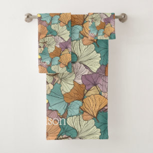 Custom Name Colourful Leaf Pattern Bath Towel Set
