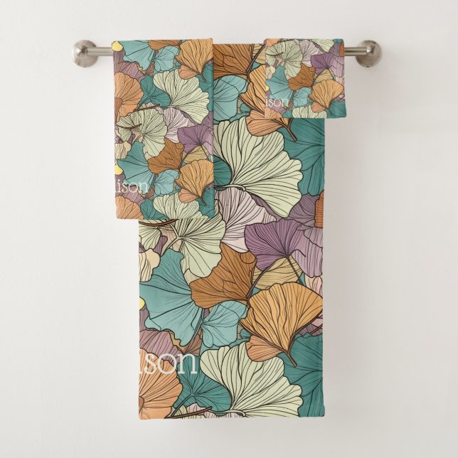 Custom Name Colourful Leaf Pattern Bath Towel Set (Insitu)