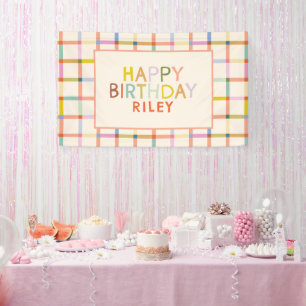 Custom Name Colourful Modern Plaid Birthday Party Banner