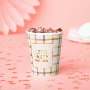 Custom Name Colourful Modern Plaid Birthday Party Paper Cups