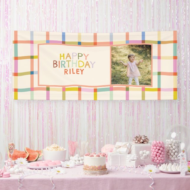 Custom Name Colourful Modern Plaid Birthday Photo Banner (Party)