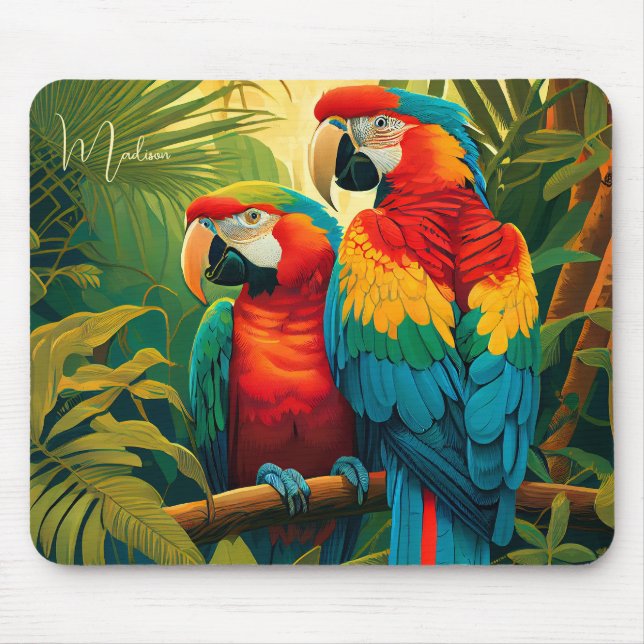 Custom Name Colourful Parrots Mouse Mat (Front)